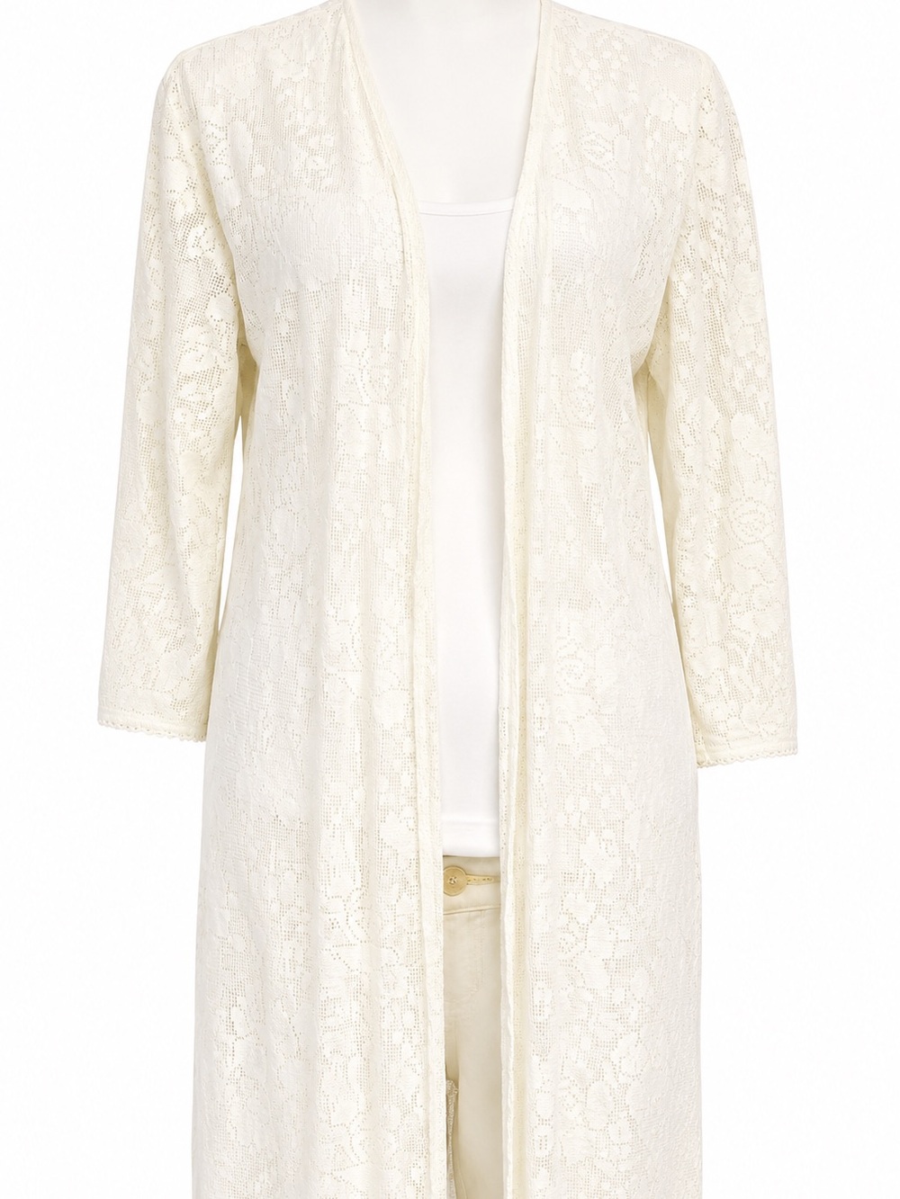Cato a bohemian floral lace long duster cardigan medium off white fringe - Picture 5 of 12